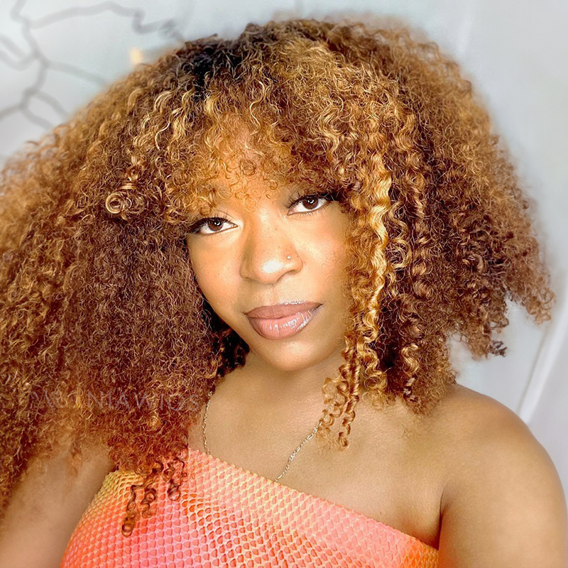 13x4 Afro Kinky Curly Perücke mit Pony Echthaar Lace Front Perücken