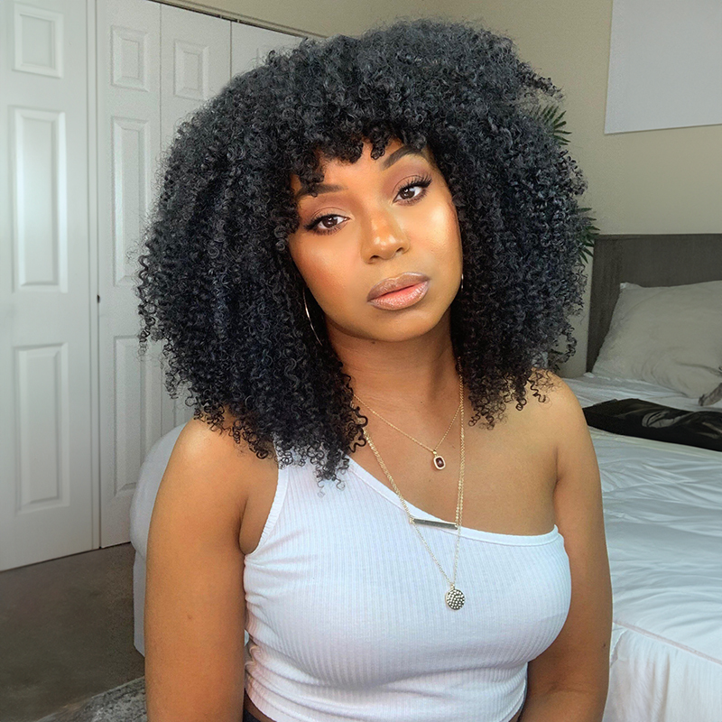 13x4 Afro Kinky Curly Perücke mit Pony Echthaar Lace Front Perücken