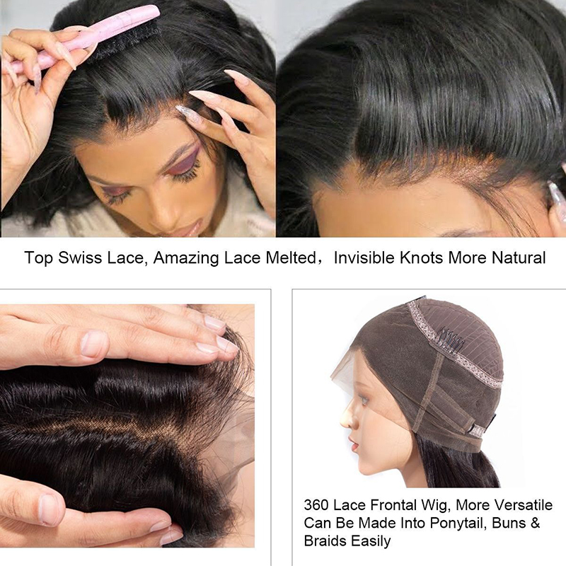 360 Lace Frontal Perücken, gewelltes Echthaar mit Babyhaar, 180 % Dichte