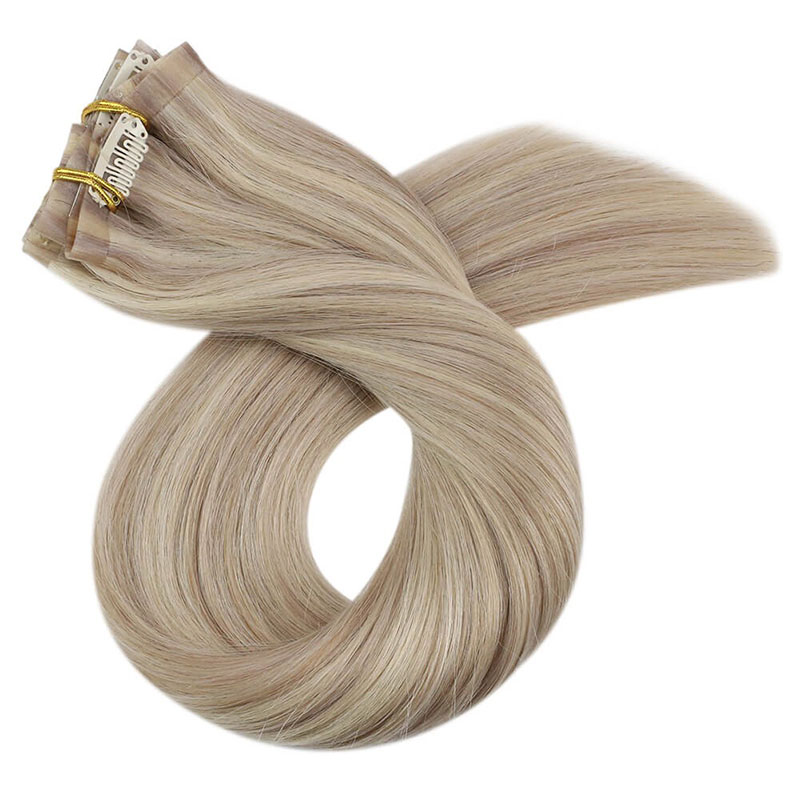 Aschblonde PU-nahtlose Clip-In-Remy-Echthaarverlängerungen (#P18/613)