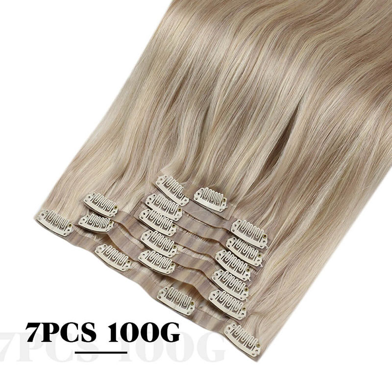Aschblonde PU-nahtlose Clip-In-Remy-Echthaarverlängerungen (#P18/613)
