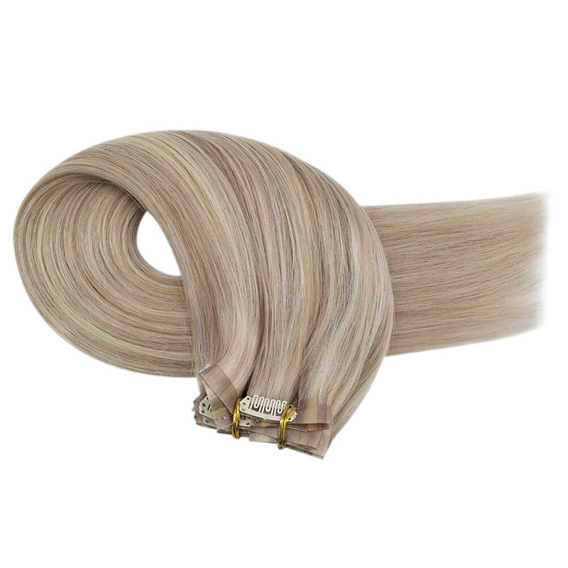 Aschblonde PU-nahtlose Clip-In-Remy-Echthaarverlängerungen (#P18/613)