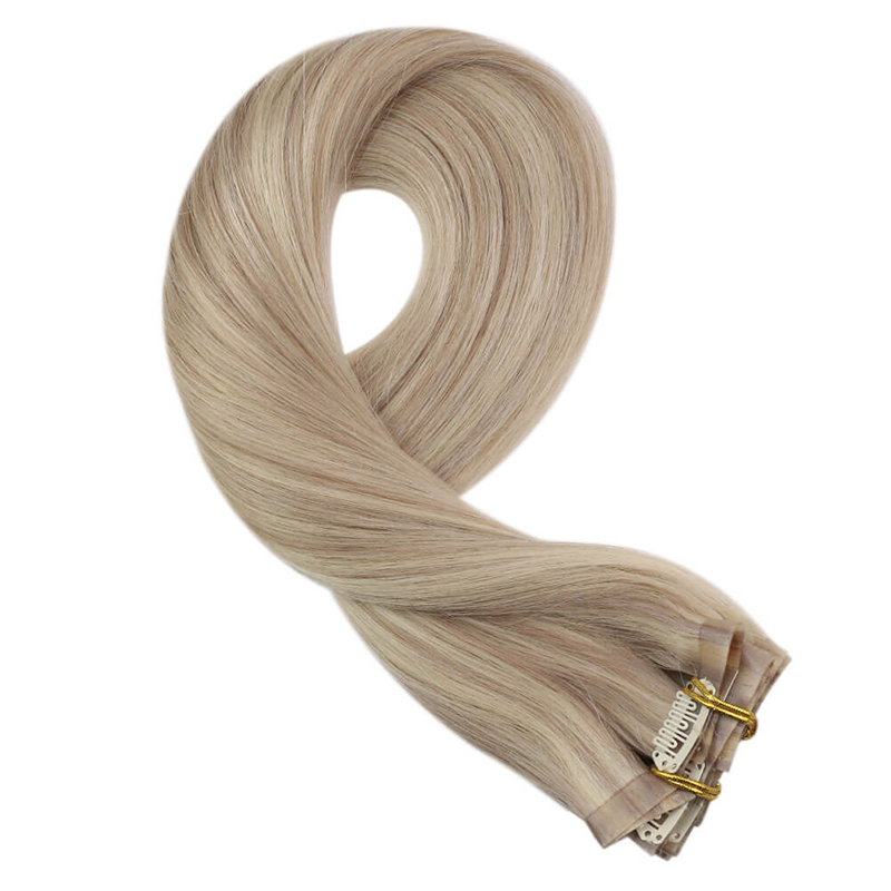 Aschblonde PU-nahtlose Clip-In-Remy-Echthaarverlängerungen (#P18/613)