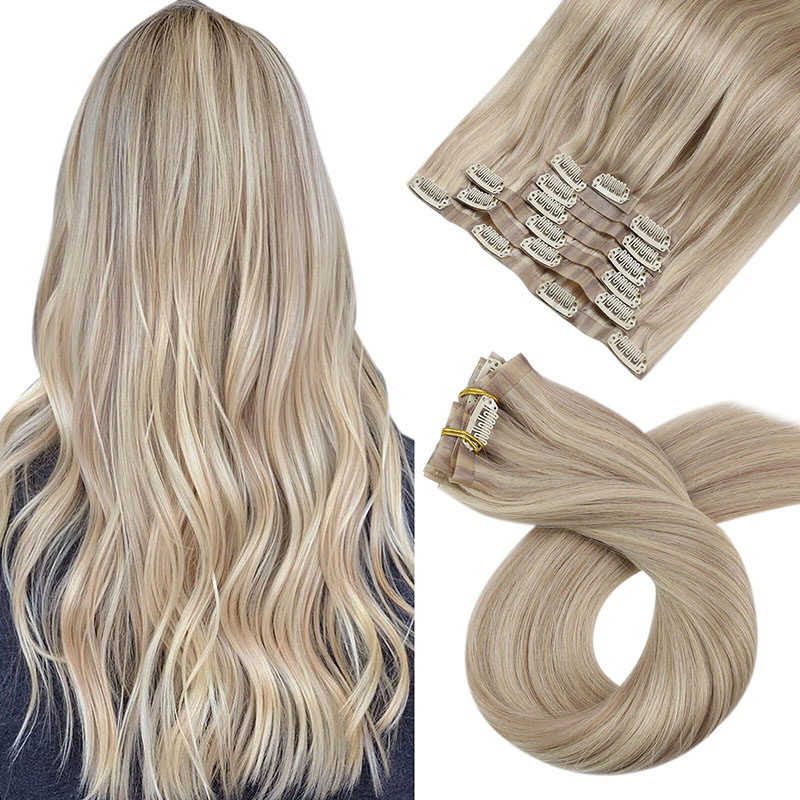 Aschblonde PU-nahtlose Clip-In-Remy-Echthaarverlängerungen (#P18/613)