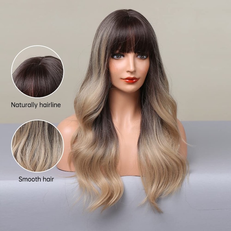 Blonde Wellenperücke Ombre Grau mit Pony, dunkle Wurzeln, synthetische Lockenperücke