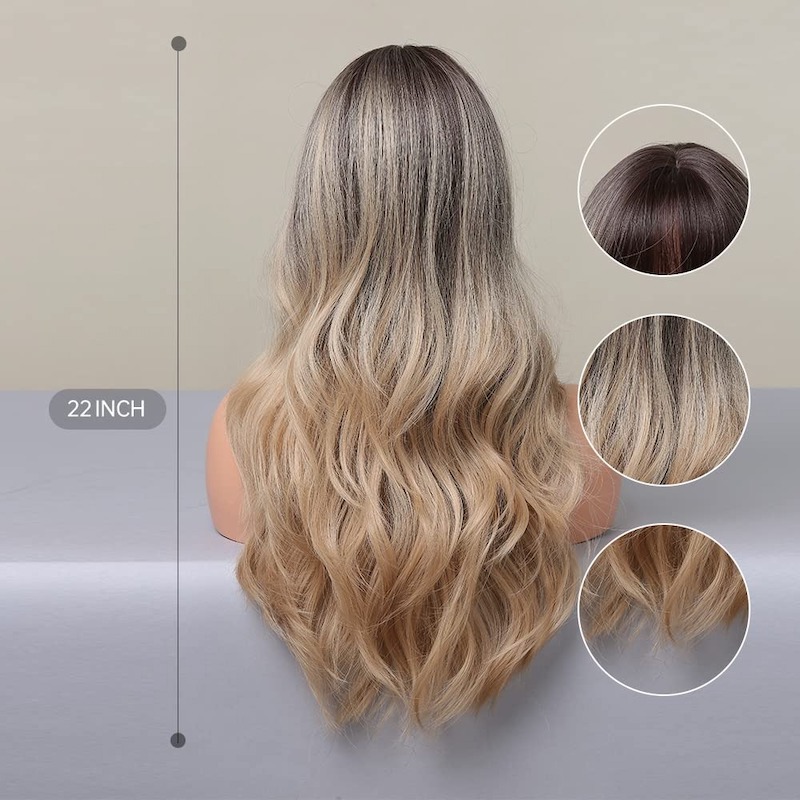 Blonde Wellenperücke Ombre Grau mit Pony, dunkle Wurzeln, synthetische Lockenperücke