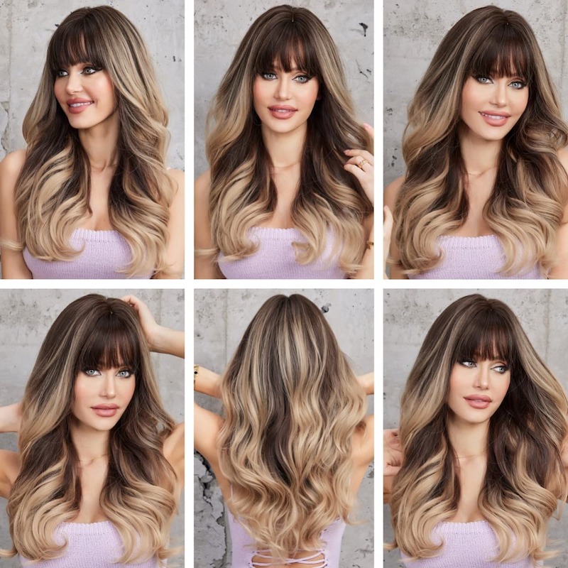 Blonde Wellenperücke Ombre Grau mit Pony, dunkle Wurzeln, synthetische Lockenperücke