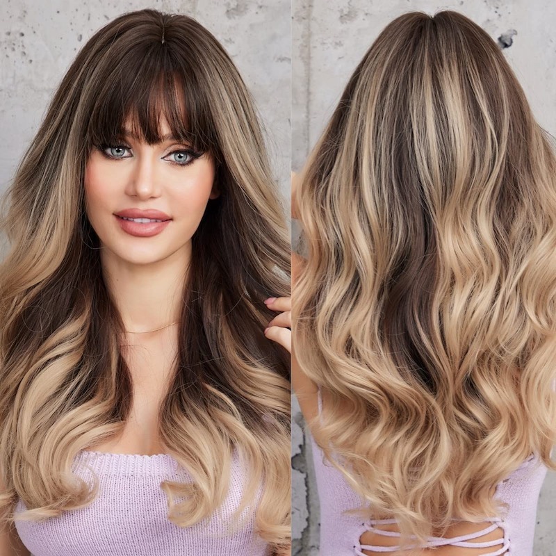 Blonde Wellenperücke Ombre Grau mit Pony, dunkle Wurzeln, synthetische Lockenperücke