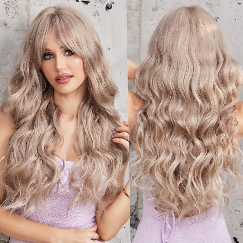 Lockige aschblonde Perücken mit Pony für Damen, synthetische gewellte Perücken