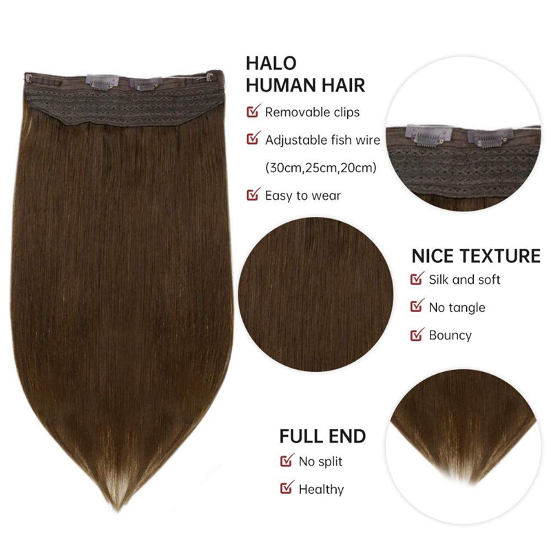 Dunkelbraune Echthaar-Halo-Verlängerung Nr. 4, 100 g, unsichtbare Halo-Haarverlängerungen