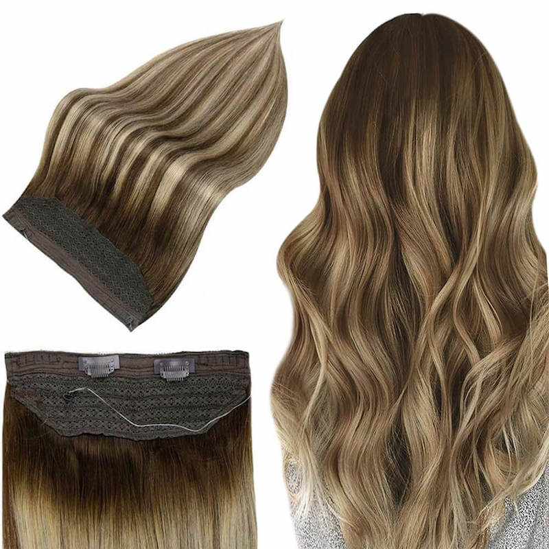 Halo-Haarverlängerungen, braune Highlight-Blonde Fischdrahtverlängerungen #4/27/4