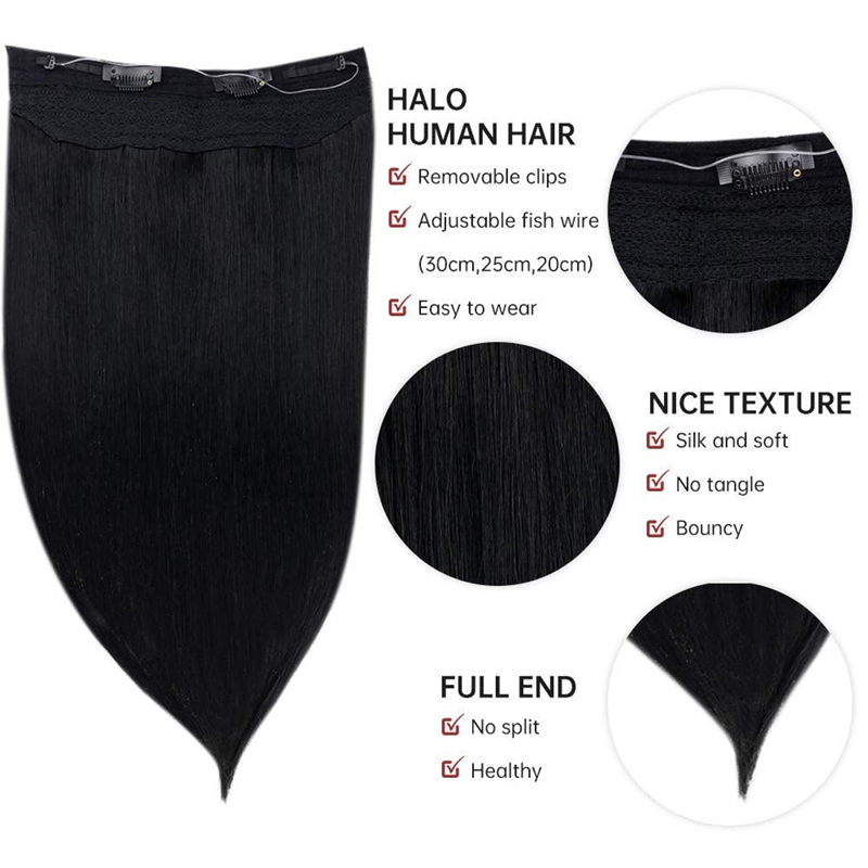 Halo-Echthaarverlängerung, 100 g, tiefschwarz, Nr. 1, unsichtbare Halo-Haarverlängerungen