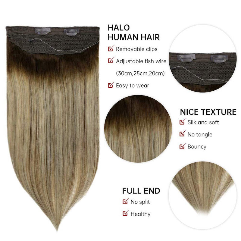 Highlight Blonde Halo-Haarverlängerungen, braune Fischdrahtverlängerungen #4/24/4
