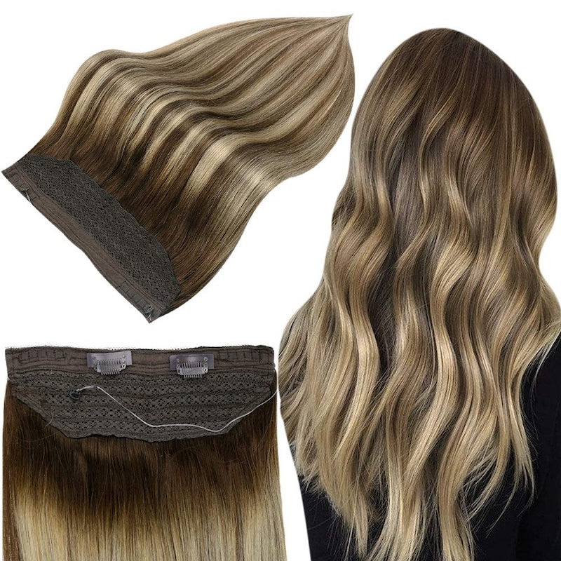 Highlight Blonde Halo-Haarverlängerungen, braune Fischdrahtverlängerungen #4/24/4