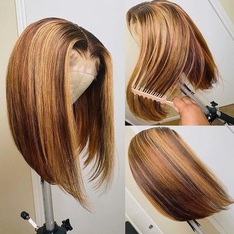 Highlight-Bob-Perücke, Echthaar, honigblonder Bob, vorgezupft, mit Babyhaar