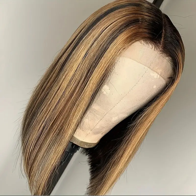 Highlight-Bob-Perücke, Echthaar, honigblonder Bob, vorgezupft, mit Babyhaar