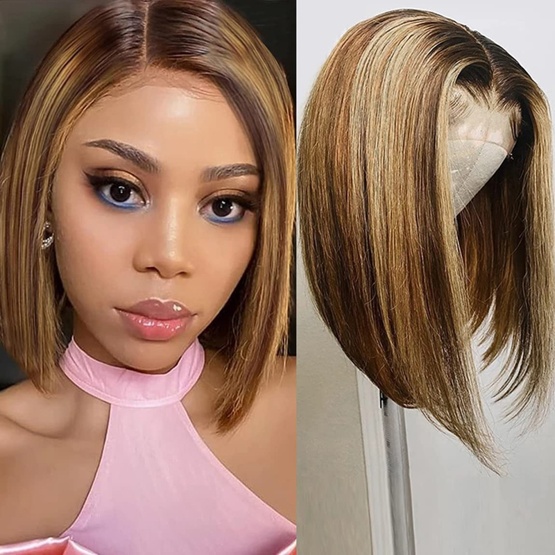 Highlight-Bob-Per&uuml;cke, Echthaar, honigblonder Bob, vorgezupft, mit Babyhaar