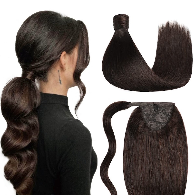 Echthaar-Pferdeschwanz-Extensions zum Anklipsen, 100 g, Nr. 2, dunkelstes Braun