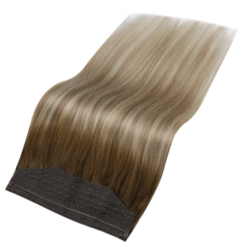 Unsichtbare Haarverlängerungen mit Draht, Echthaar, Ombre, Braun und Blond, 100 g