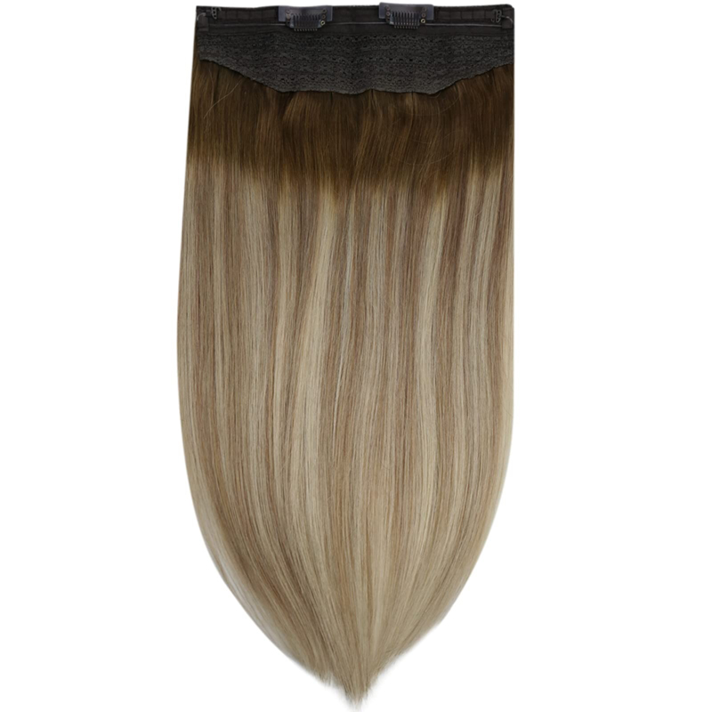 Unsichtbare Haarverlängerungen mit Draht, Echthaar, Ombre, Braun und Blond, 100 g