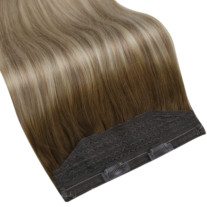 Unsichtbare Haarverlängerungen mit Draht, Echthaar, Ombre, Braun und Blond, 100 g