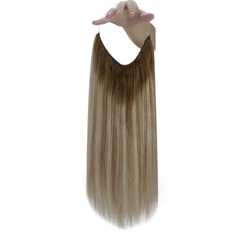 Unsichtbare Haarverlängerungen mit Draht, Echthaar, Ombre, Braun und Blond, 100 g