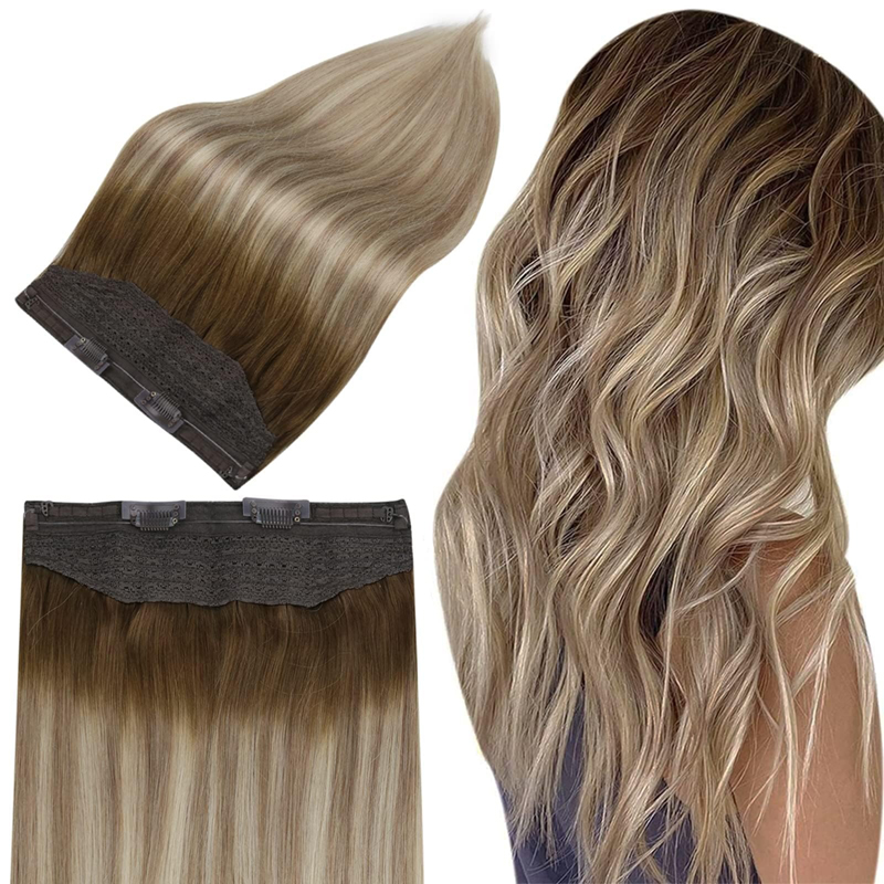 Unsichtbare Haarverlängerungen mit Draht, Echthaar, Ombre, Braun und Blond, 100 g
