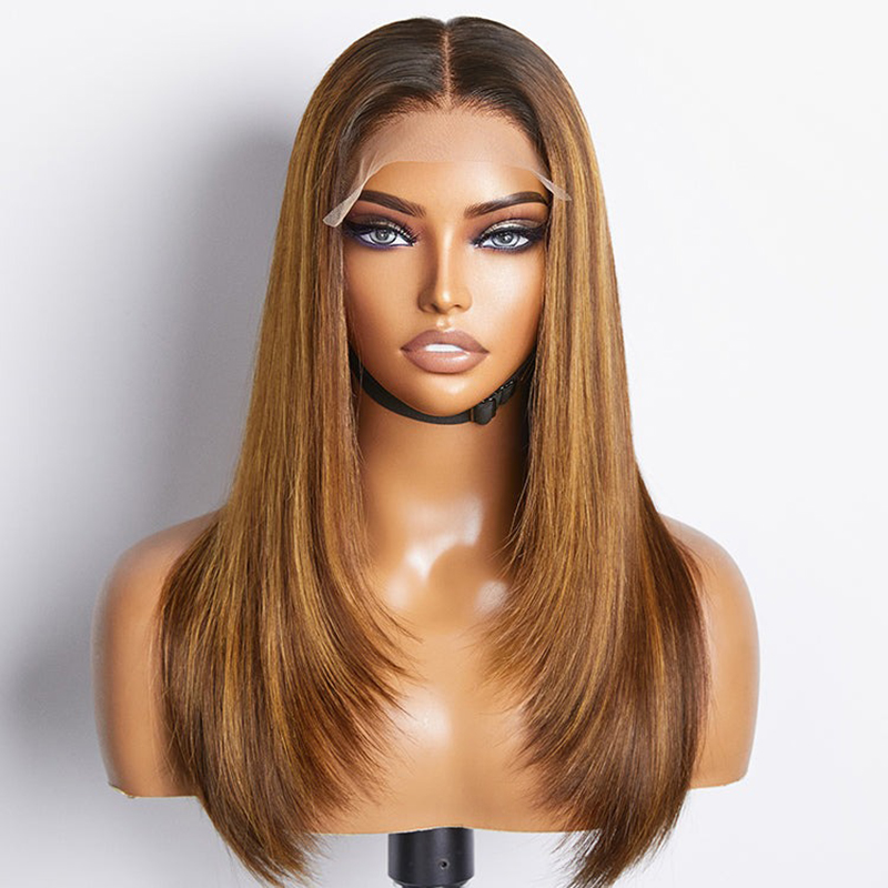 Layered Cut Braun Mix Blonde Glueless 5x5 Verschluss Spitze Perücke vorgezupft