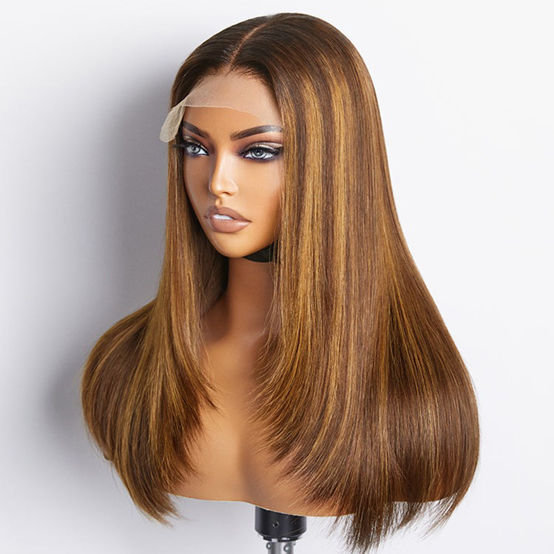 Layered Cut Braun Mix Blonde Glueless 5x5 Verschluss Spitze Perücke vorgezupft