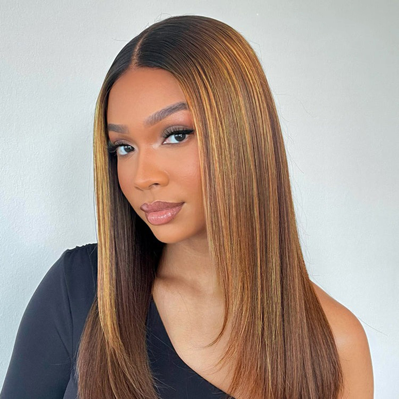 Layered Cut Braun Mix Blonde Glueless 5x5 Verschluss Spitze Perücke vorgezupft