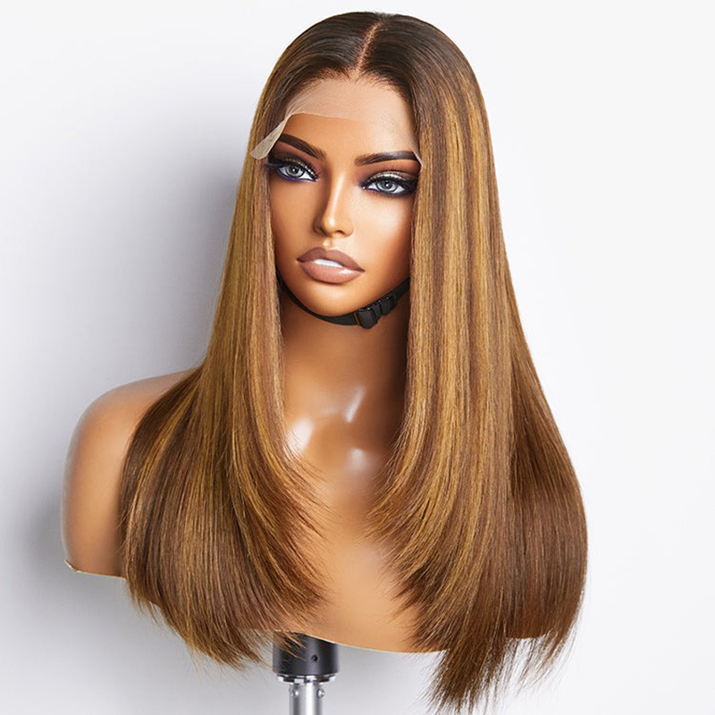 Layered Cut Braun Mix Blonde Glueless 5x5 Verschluss Spitze Perücke vorgezupft