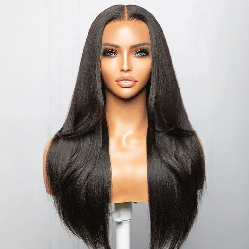 Layered Cut Yaki Straight Mittelteil Clueless Lace Perücke 100 % Echthaar