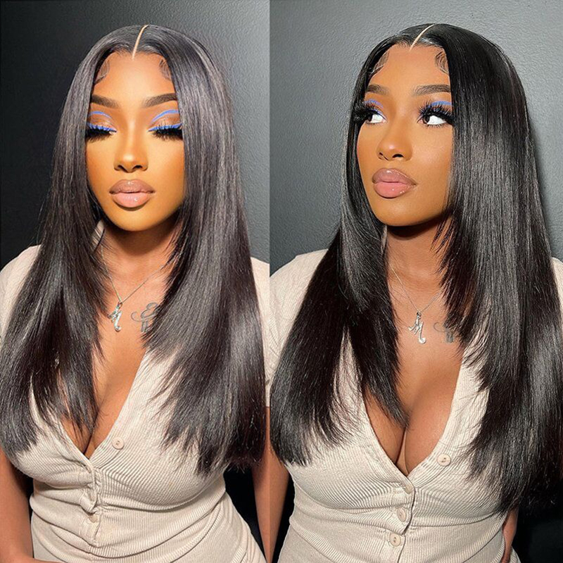 Layered Cut Yaki Straight Mittelteil Clueless Lace Perücke 100 % Echthaar
