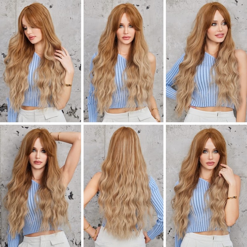 Lange lockige braune blonde Perücken für Frauen, synthetische gewellte Cosplay-Perücken