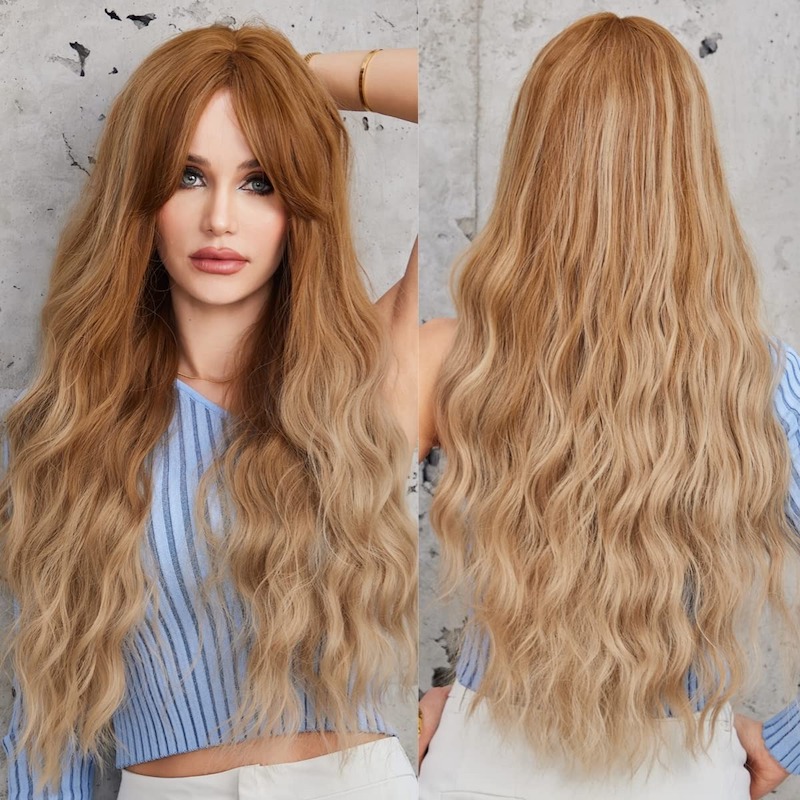 Lange lockige braune blonde Perücken für Frauen, synthetische gewellte Cosplay-Perücken