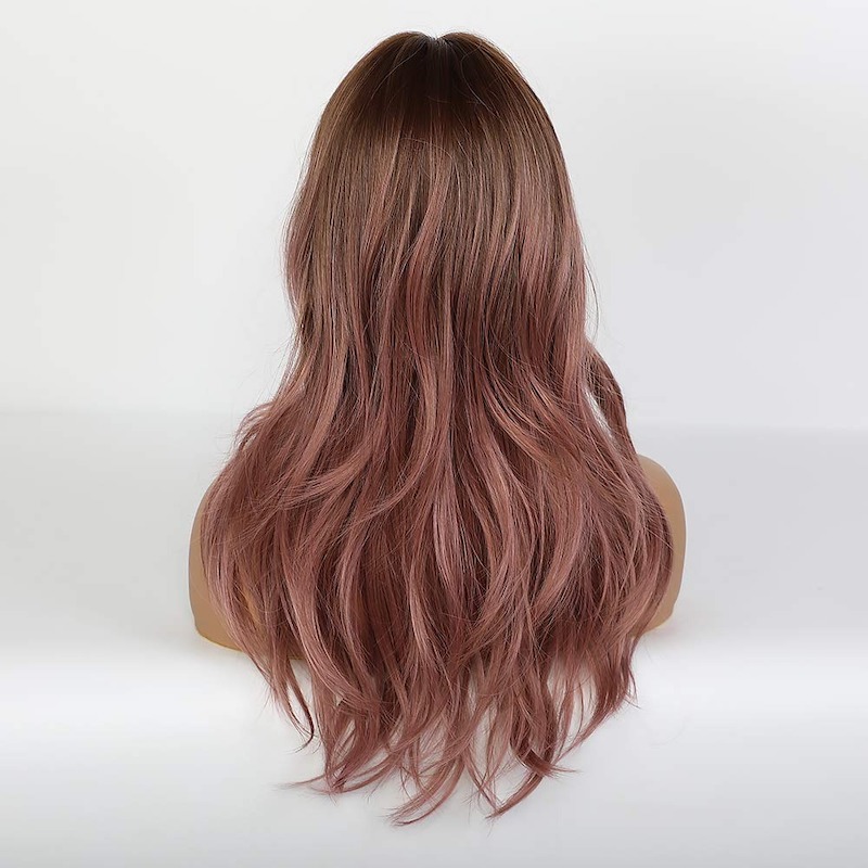 Lange gewellte Perücken mit Pony, lila, rosa, natürliche lockige synthetische Ombre-Perücken