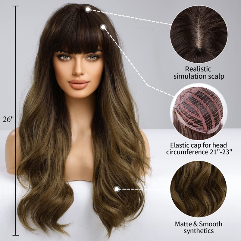 Ombre braune lange lockige Perücken mit Pony, synthetische Perücken, weich, natürlich aussehend