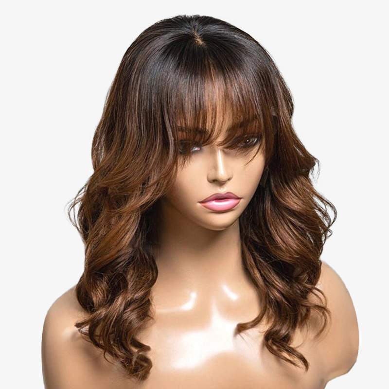 Ombre Kastanienbraune gestufte Vorhangpony Wellige 13x4 Lace-Front-Perücke
