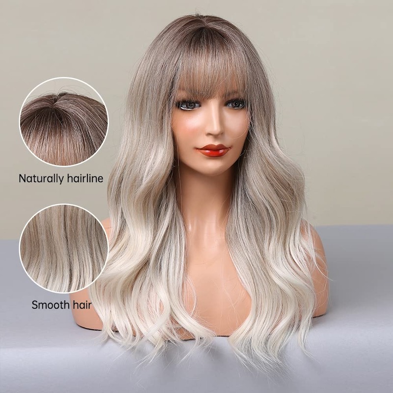 Ombre graublonde Wellenperücke mit Pony, dunkle Wurzeln, synthetische lockige Perücke
