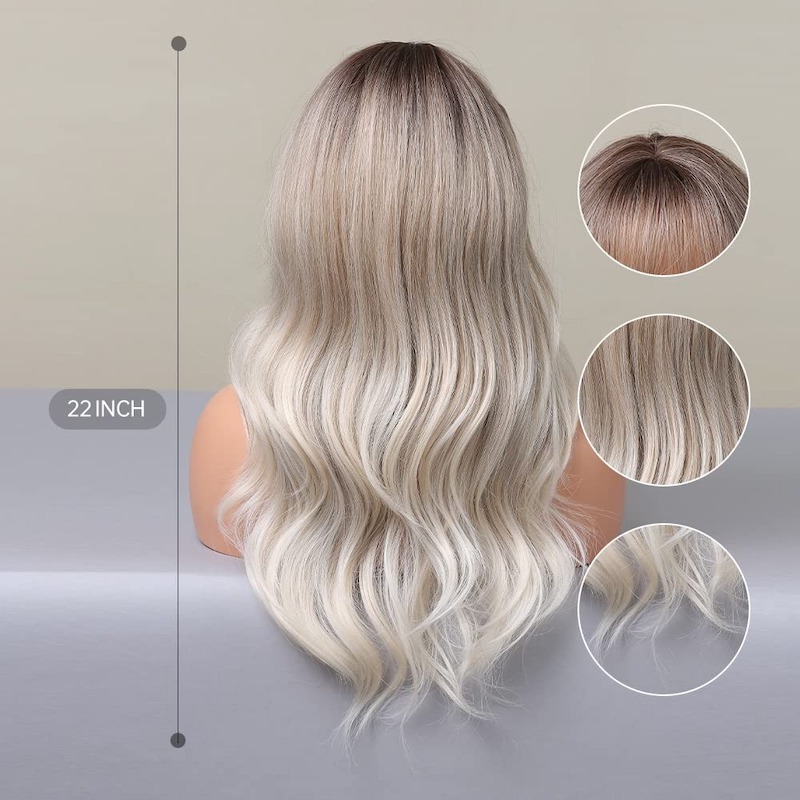 Ombre graublonde Wellenperücke mit Pony, dunkle Wurzeln, synthetische lockige Perücke