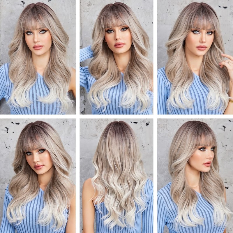 Ombre graublonde Wellenperücke mit Pony, dunkle Wurzeln, synthetische lockige Perücke