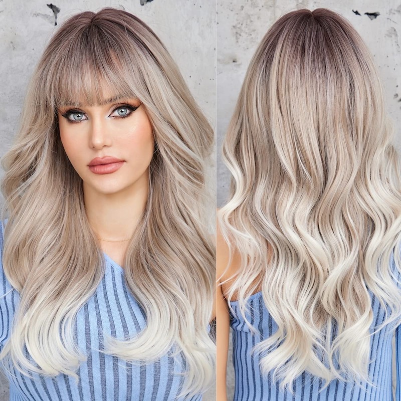 Ombre graublonde Wellenperücke mit Pony, dunkle Wurzeln, synthetische lockige Perücke