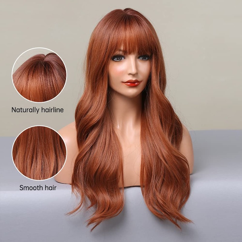 Orangebraune synthetische Perücken, natürliche gewellte Perücke mit Pony, erdbeerblond