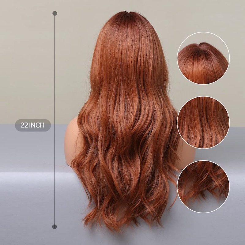 Orangebraune synthetische Perücken, natürliche gewellte Perücke mit Pony, erdbeerblond