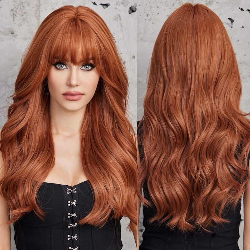 Orangebraune synthetische Perücken, natürliche gewellte Perücke mit Pony, erdbeerblond