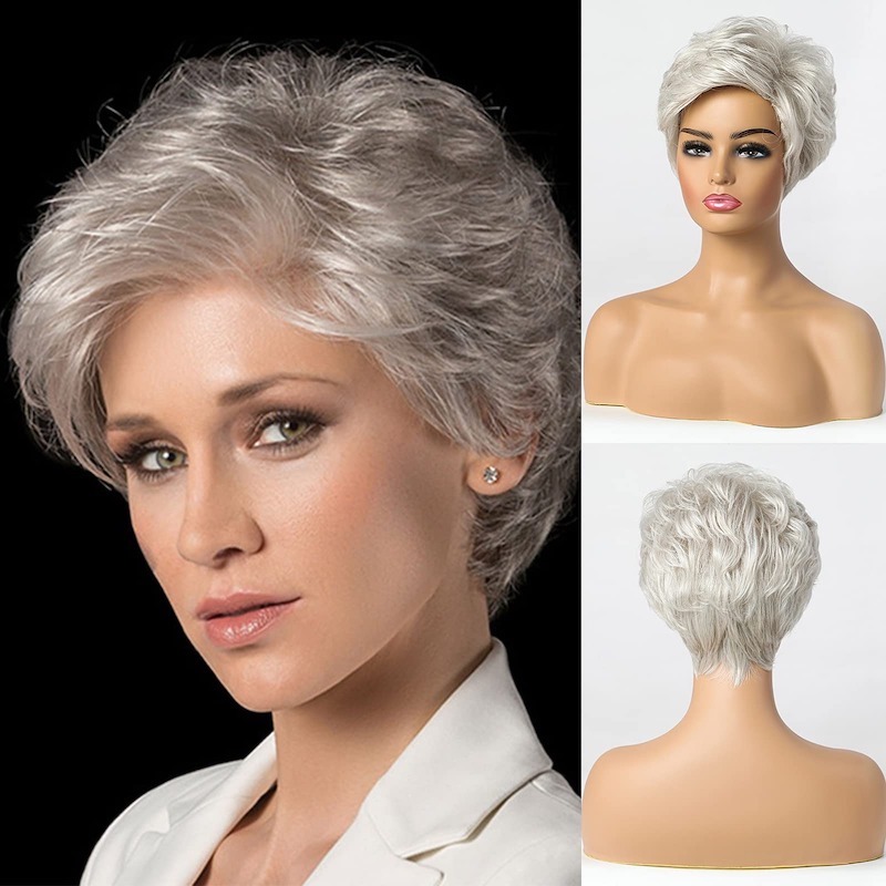 Pixie-Schnitt-Perücke, kurze silbergraue Perücken für Frauen, natürliche geschichtete Haarperücke