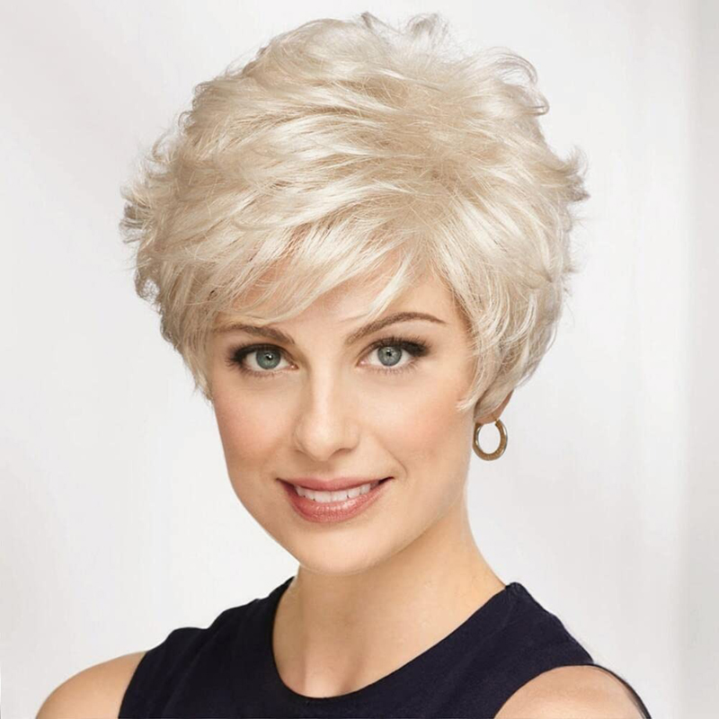 Platinblonde Perücken für Damen, synthetische Pixie-Schnitt-Perücke mit Pony