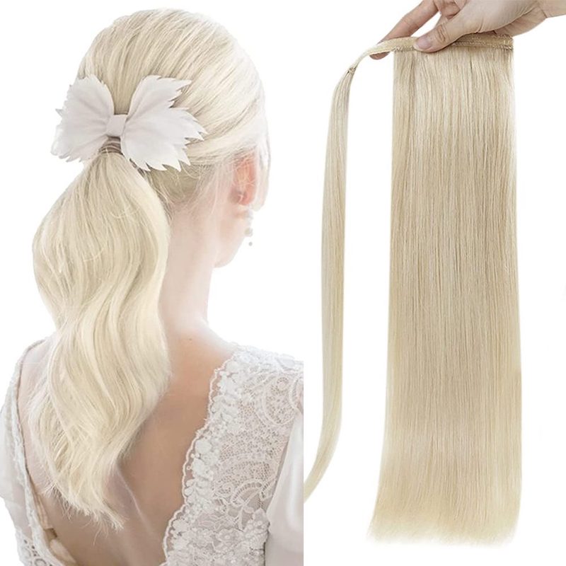 Pferdeschwanzverlängerung, Echthaar, Platinblond #60, 100 g, Clip-in-Verlängerung