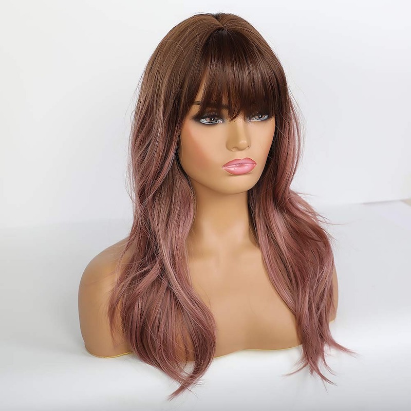 Lila rosa gewellte Perücken mit Pony, natürliche lockige synthetische Ombre-Perücken