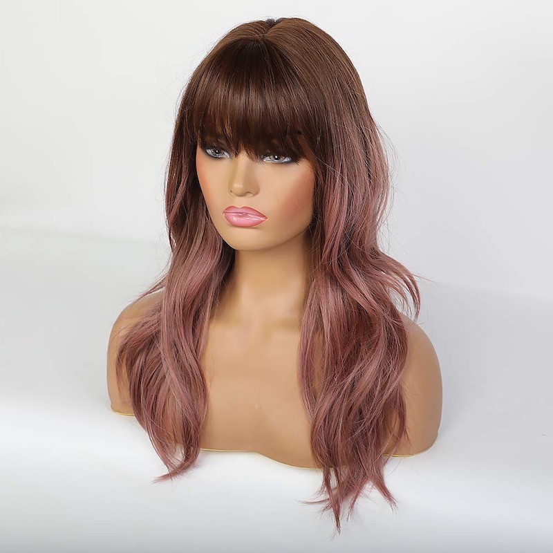 Lila rosa gewellte Perücken mit Pony, natürliche lockige synthetische Ombre-Perücken